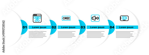 Set line Online play video, Speaker mute, Record button and Video recorder editor icon. Vector