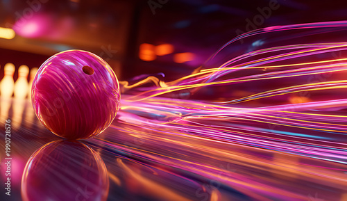 Vibrant pink bowling ball rolling down the alley