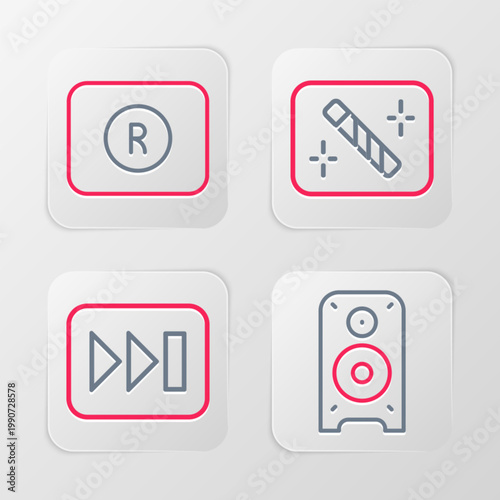 Set line Stereo speaker, Fast forward, Photo retouching and Record button icon. Vector