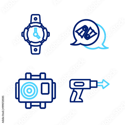 Set line Fishing harpoon, Photo camera for diver, Flippers swimming and Diving watch icon. Vector