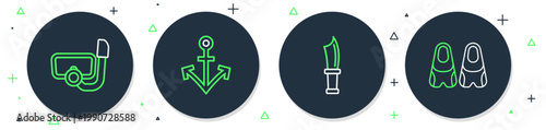 Set line Anchor, Diving knife, mask with snorkel and Flippers for swimming icon. Vector