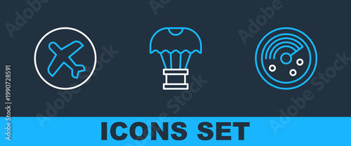 Set line Radar with targets on monitor, Plane and Box flying parachute icon. Vector