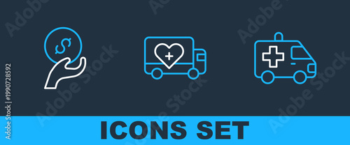 Set line Ambulance car, Donation and charity and Humanitarian truck icon. Vector