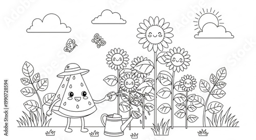 Cute Watermelon Character Watering Sunflowers in a Garden Coloring Page.