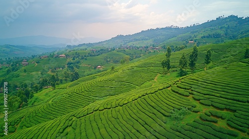 An aerial view showcases lush green tea fields sculpted into rolling hills, dotted with trees and small houses. The vast landscape highlights agricultural beauty and a serene, rural setting.
