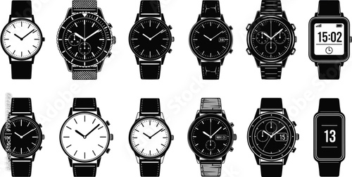 Wristwatch Icon Set Featuring Analog and Digital Watch Designs for Fashion and Timepiece Illustrations