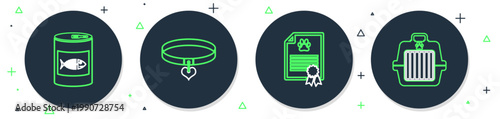 Set line Collar and heart, Certificate for dog or cat, Canned food and Pet carry case icon. Vector