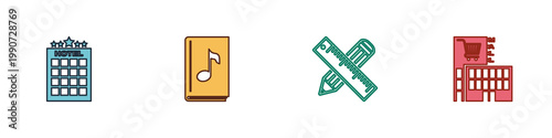 Set Hotel building, Audio book, Crossed ruler and pencil and Mall or supermarket icon. Vector