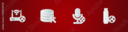 Set Router wi-fi with service, Database server, Microphone and USB flash drive icon. Vector