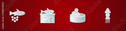 Set Fish with caviar, Seafood store, Tin can and Octopus icon. Vector