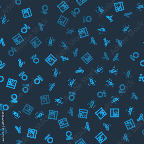 Set Broken window, Hand showing two finger, Police car flasher and Lying burning tires on seamless pattern. Vector