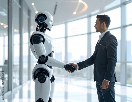 明るいオフィスで握手をするヒューマノイドロボットとビジネスマン。人間とAIの協力と未来のビジネス。