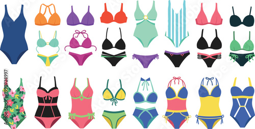Swimwear Icon Set Featuring Bikinis, One-Piece Suits, and Colorful Summer Beachwear Designs