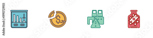 Set Pie chart infographic, Dollar rate decrease, Shutdown of factory and Glass money jar with coin icon. Vector