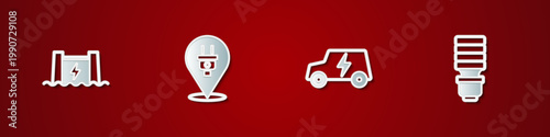 Set Hydroelectric dam, Electric plug, car and LED light bulb icon. Vector