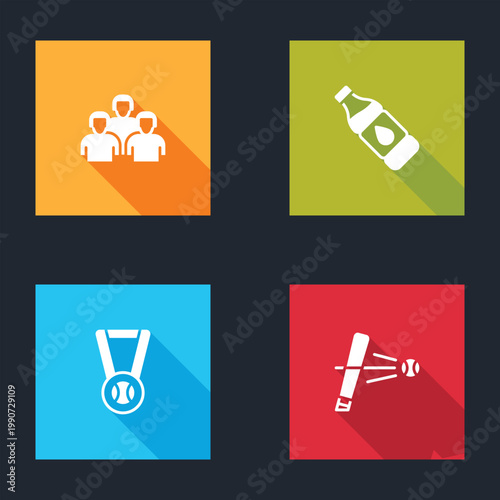 Set Team of baseball players, Bottle water, Medal with and Baseball bat icon. Vector