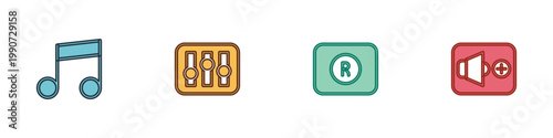 Set Music note, tone, Sound mixer controller, Record button and Speaker volume icon. Vector