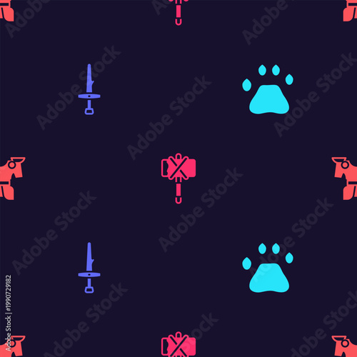 Set Bear paw footprint, Dagger, Medieval axe and Body armor on seamless pattern. Vector