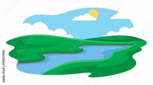 Serene Landscape with Winding River and Sunny Sky.