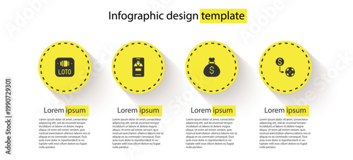 Set Lottery ticket, Lucky wheel on phone, Money bag and Casino chips exchange. Business infographic template. Vector