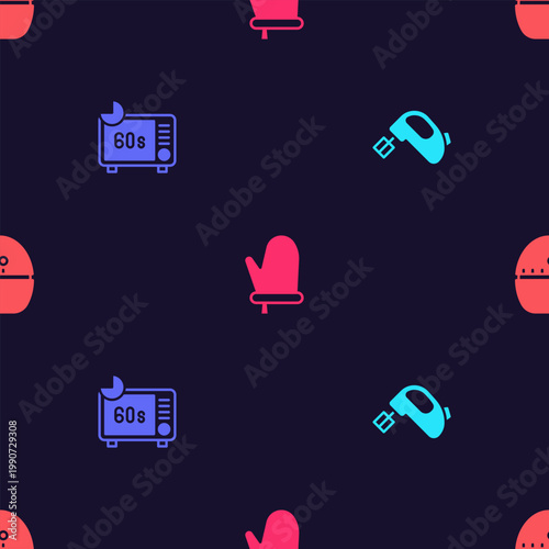 Set Electric mixer, Microwave oven, Oven glove and Kitchen timer on seamless pattern. Vector