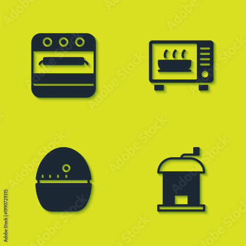 Set Oven, Manual coffee grinder, Kitchen timer and Microwave oven icon. Vector