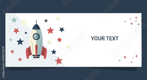 Flat design of a rocket ship blasting off with colorful stars on a white rectangular banner with a dark blue background and space for text.