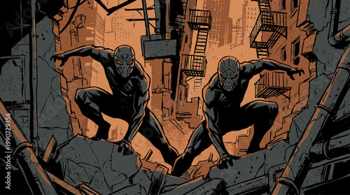 Illustration of two masked vigilantes crouching in a ruined city alleyway