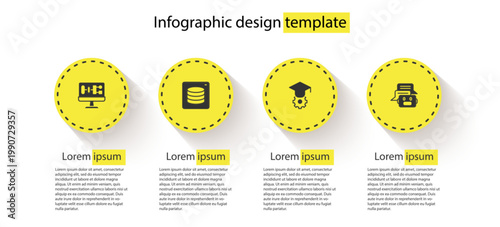 Set Algorithm, Server, Data, Graduation cap and Chat bot. Business infographic template. Vector