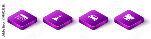 Set Isometric Calendar, Tombstone with cross, Car and FTP sync refresh icon. Vector