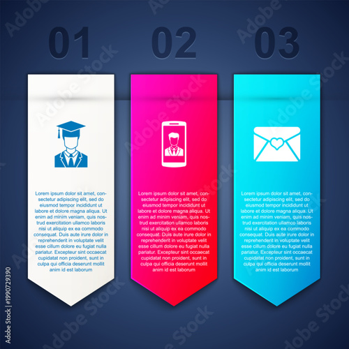 Set Graduate with graduation cap, Smartphone contact and Envelope Valentine heart. Business infographic template. Vector