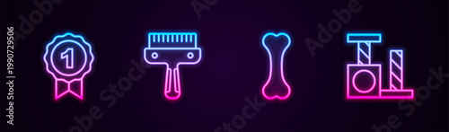 Set line Dog award symbol, Hair brush for dog and cat, bone and Cat scratching post. Glowing neon icon. Vector
