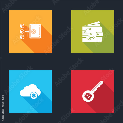 Set Proof of stake, Cryptocurrency wallet, cloud mining and key icon. Vector