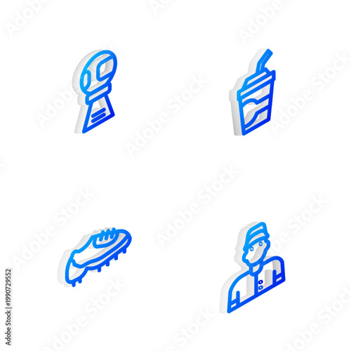 Set Isometric line Paper glass with water, Award cup baseball ball, Baseball boot and player icon. Vector