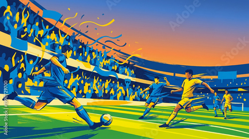 Dynamic Soccer Match Action With Players Competing For Ball.