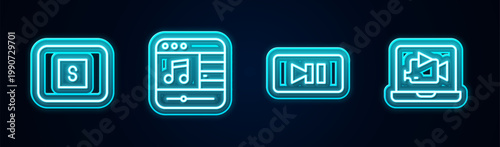 Set line Stop media button, Music player, Pause and Online video. Glowing neon icon. Vector