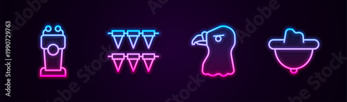 Set line Stage stand or tribune, Carnival garland with flags, Eagle head and Western cowboy hat. Glowing neon icon. Vector