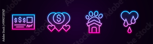 Set line Bank check, Donation and charity, Animal shelter house and Blood donation. Glowing neon icon. Vector