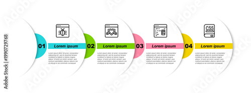 Set line System bug, Browser with shield, Software and Books about programming. Business infographic template. Vector