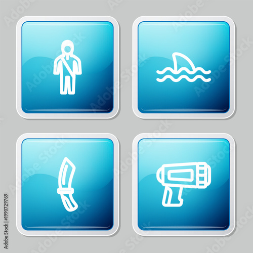 Set line Wetsuit for scuba diving, Shark, Diving knife and Flashlight diver icon. Vector