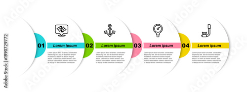 Set line Flippers for swimming, Anchor, Gauge scale and Snorkel. Business infographic template. Vector