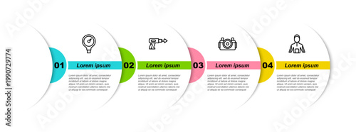 Set line Gauge scale, Fishing harpoon, Photo camera for diver and Wetsuit scuba diving. Business infographic template. Vector
