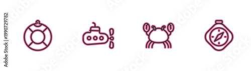 Set line Lifebuoy, Crab, Submarine and Compass icon. Vector