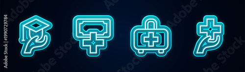 Set line Education grant, Donation and charity, First aid kit and Heart with cross. Glowing neon icon. Vector