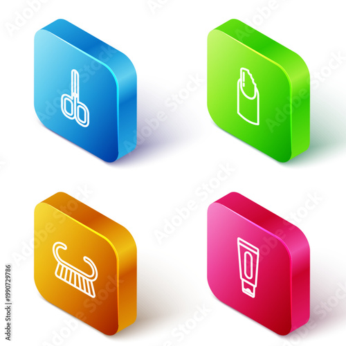 Set Isometric line Nail scissors, Broken nail, Pedicure brush grater and Tube of hand cream icon. Vector