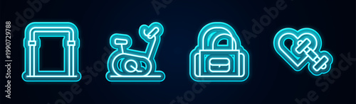 Set line Sport horizontal bar, Stationary bicycle, bag and Dumbbell with heart. Glowing neon icon. Vector
