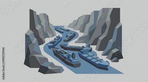 Cargo Ships Navigating Through a Narrow Waterway.