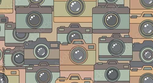 A repeating pattern of retro camera illustrations in muted tones