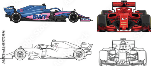 Set of high speed racing car vector illustrations with side and front views isolated on white background for grand prix motorsport and automotive sports design.