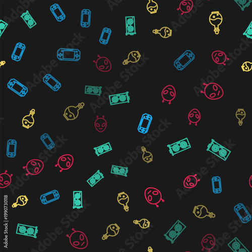 Set line Portable video game console, Video graphic card, Bottle with magic elixir and Alien on seamless pattern. Vector